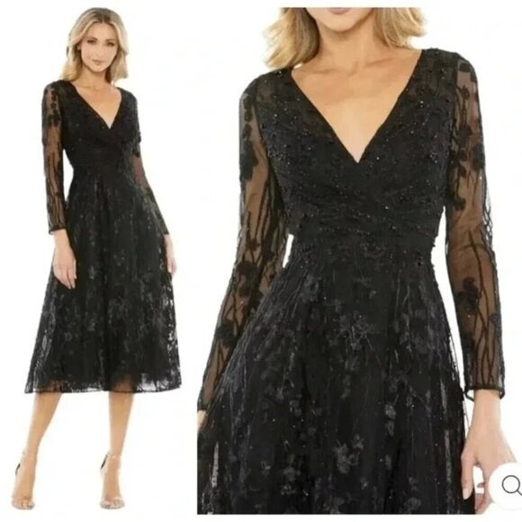 Mac Duggal 204041 Midi Tea Length Black Dress Beaded Floral Long Sleeve Size 18 - Picture 1 of 5